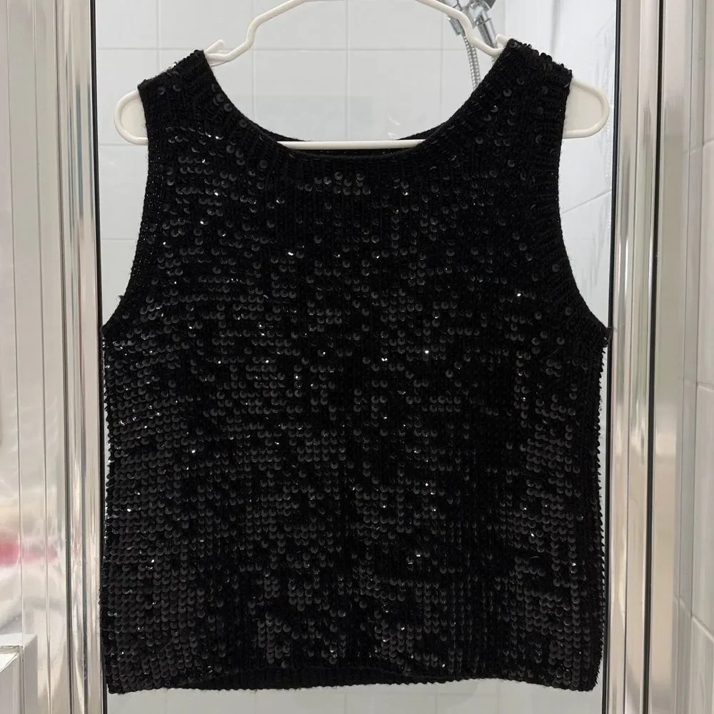 Dana Buchman Black Sequin Wool Sweater Vest Size Medium